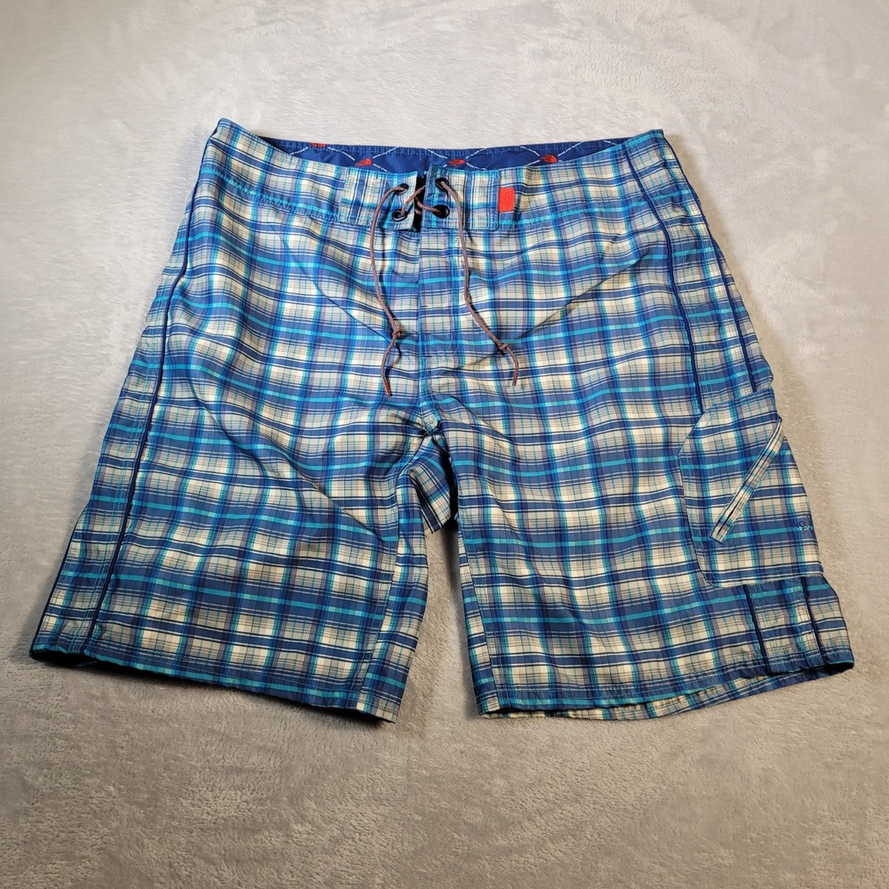 The North Face Board Shorts Mens 38 Blue Plaid Cargo Pocket Swim Trunks TNF